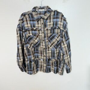 Blue Velvet Plaid Button Down Shirt Womens Medium Blue Brown Frayed Raw Edge